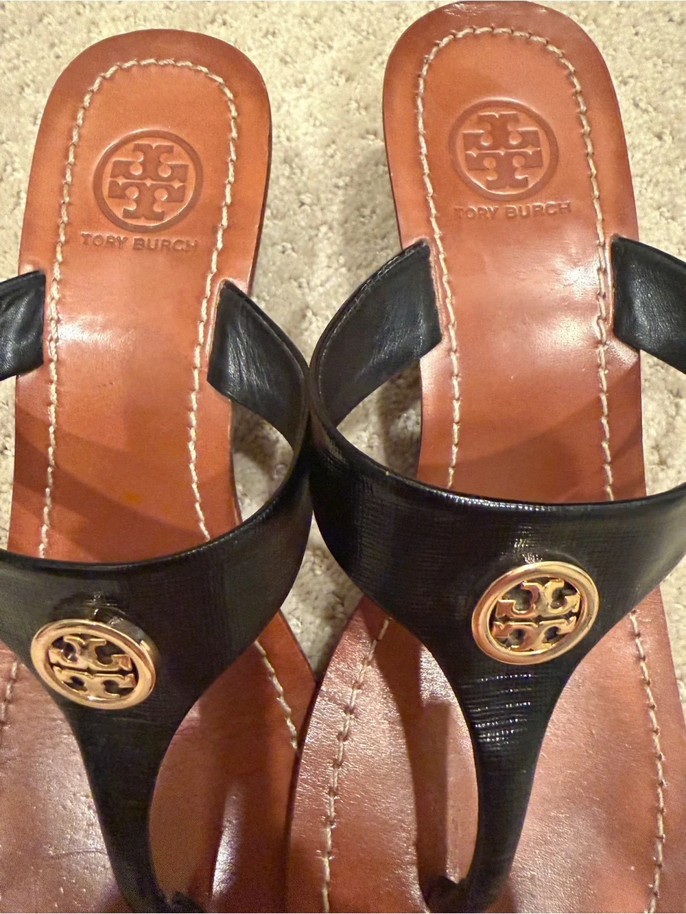 Tory Burch Black Leather Thong Sandals with Gold Logo